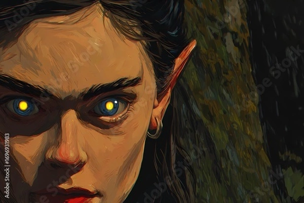 Fototapeta Artistic close-up of a fantasy elf with strong shadows, one side hidden, suggesting secrets and magical origin.