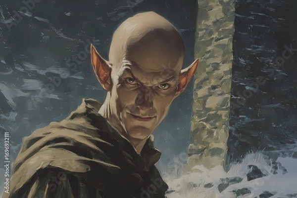 Fototapeta Artistic close-up of a fantasy elf with strong shadows, one side hidden, suggesting secrets and magical origin.