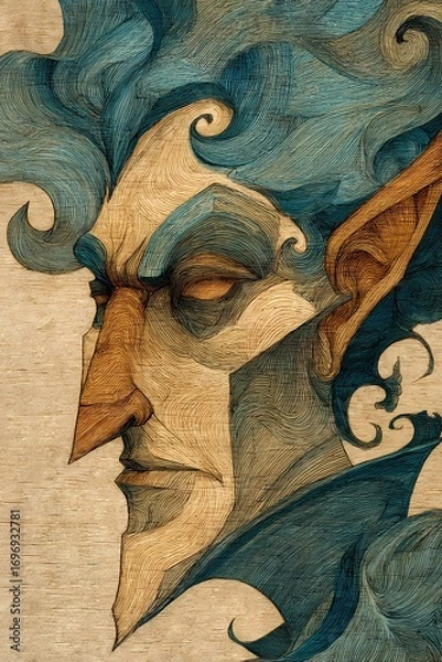 Fototapeta Artistic close-up of a fantasy elf with strong shadows, one side hidden, suggesting secrets and magical origin.