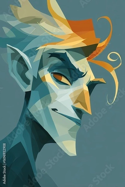 Fototapeta Artistic close-up of a fantasy elf with strong shadows, one side hidden, suggesting secrets and magical origin.