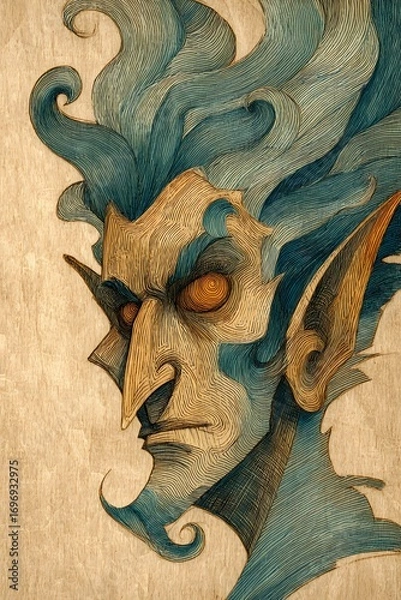Fototapeta Artistic close-up of a fantasy elf with strong shadows, one side hidden, suggesting secrets and magical origin.