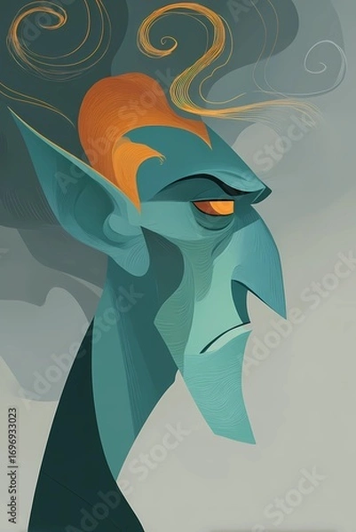 Fototapeta Artistic close-up of a fantasy elf with strong shadows, one side hidden, suggesting secrets and magical origin.