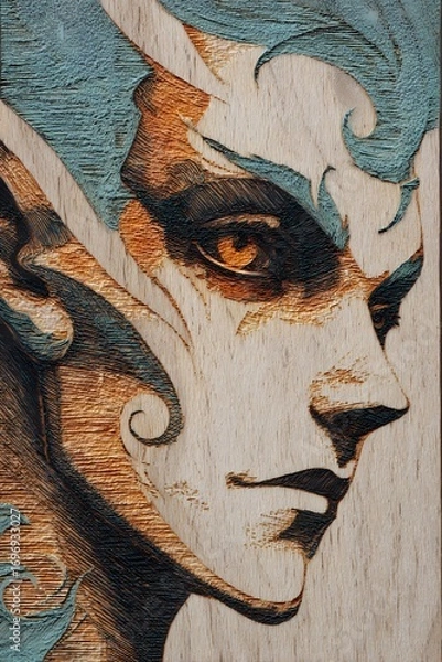 Fototapeta Artistic close-up of a fantasy elf with strong shadows, one side hidden, suggesting secrets and magical origin.