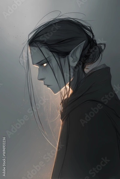 Fototapeta Artistic close-up of a fantasy elf with strong shadows, one side hidden, suggesting secrets and magical origin.