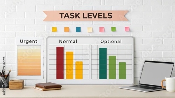 Fototapeta Visual Representation of Task Levels with Charts and Sticky Notes