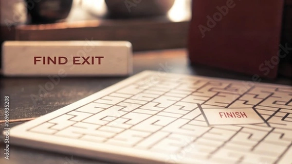 Fototapeta White Maze Puzzle Board with Finish and Find Exit Instructions