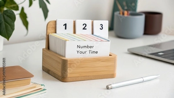 Fototapeta Wooden Desk Organizer with Numbered Cards and Notepad for Planning