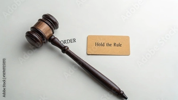 Fototapeta Wooden Gavel on Table with Hold the Rule Phrase and Order Text