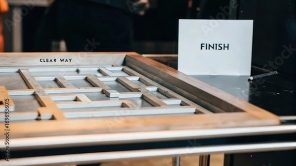 Fototapeta Wooden Maze Game in Modern Setting with Clear Way and Finish Sign