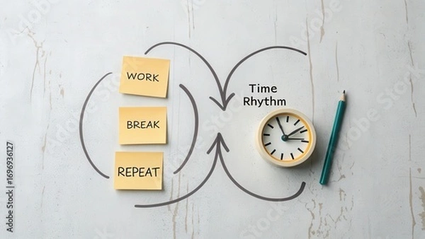Fototapeta Work Break Repeat Time Management Concept with Sticky Notes and Clock