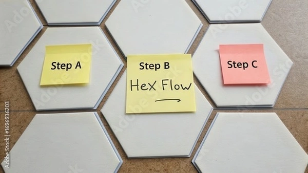 Fototapeta Workflow Steps on Hexagonal Tiles with Colorful Sticky Notes