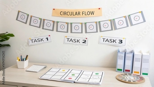 Fototapeta Workspace with Circular Flow Task Board and Planning Materials