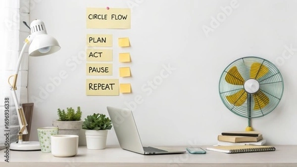 Fototapeta Workspace with Notes on Circle Flow and Elements of Productivity