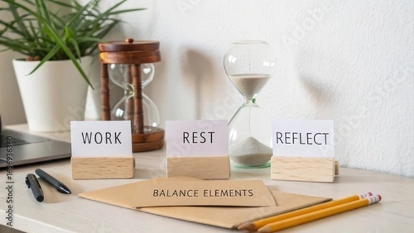 Fototapeta Workspace with Signs for Work, Rest, and Reflect on a Desk