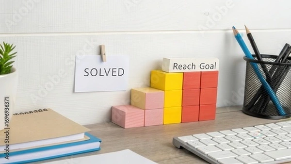 Fototapeta Workspace with Solved Note and Colorful Building Blocks for Goals