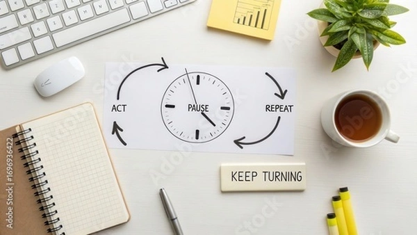 Fototapeta Workspace with Timed Workflow Concept Using Act, Pause, Repeat