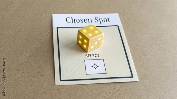 Fototapeta Yellow Dice on Cardboard Background with Chosen Spot Label