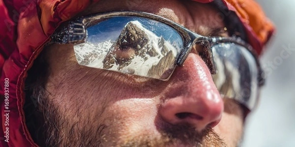 Fototapeta A man in special mountaineering glasses with a mirror reflection of snow-capped mountains. A tourist travels through the mountains, goes rock climbing