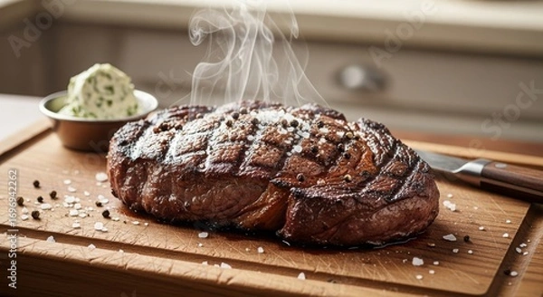 Obraz Seared Steak on Wooden Board with Steam