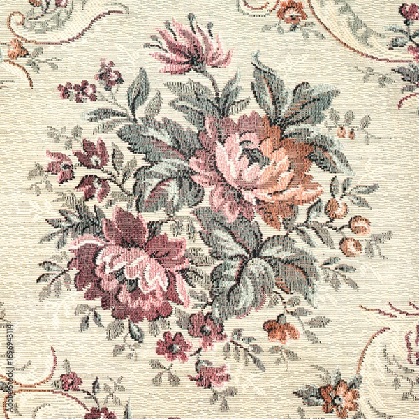 Fototapeta Seamless old-fashioned floral pattern on a tapestry fabric texture biege background old retro fashion closeup
