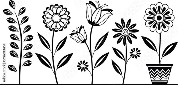 Obraz Black flower vector set feature abstract floral design silhouettes, and geometric patterns. Ideal for decoration, logos, and design projects. Includes minimalist botanical elements for creative illust