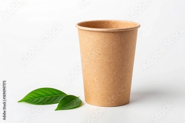 Fototapeta Disposable paper cup with green leaves isolated on white background ecofriendly tableware for hot and cold drinks biodegradable container for takeaway beverage