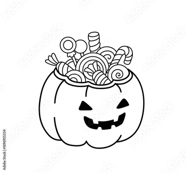 Fototapeta Scary pumpkin basket with candy. Trick or treat. Halloween decorative element. Coloring book element. Outline contour vector isolated illustration.