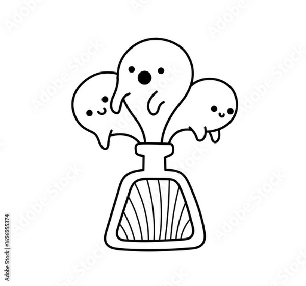 Fototapeta Ghosts from a bottle. Halloween cute cartoon character. Spooky, scary coloring book element. Outline contour vector isolated illustration.