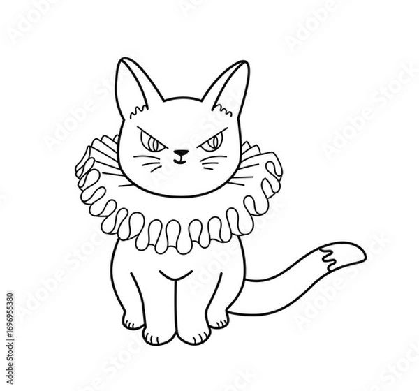 Fototapeta Gray cat wearing jabo, ruff, frilly colar. Proud and stern feline cartoon comic character. Coloring book element. Outline contour vector isolated illustration.