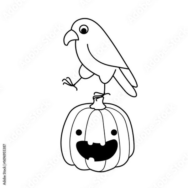 Fototapeta Raven bird on Jack O'Lantern. Halloween graphic element. Cute cartoon character. Coloring book element. Outline contour vector isolated illustration.
