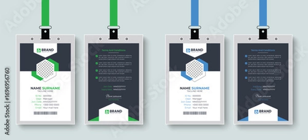 Fototapeta Creative corporate company office employee id card or identity card design layout with blue and green color. Professional design for corporate business identification card, staff card.