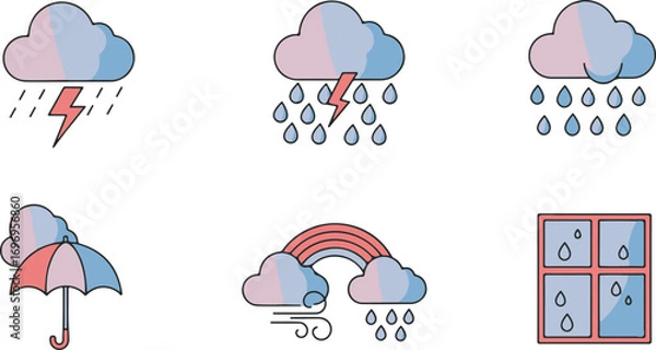 Fototapeta Flat Vector Monsoon Weather Icon Pack – Storm Cloud, Raindrops, Umbrella, Rainbow