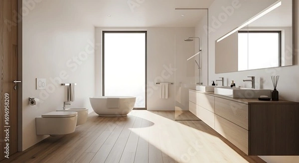 Fototapeta Modern Minimalist Bathroom Design - Sunlight Streaming Through Large Window.