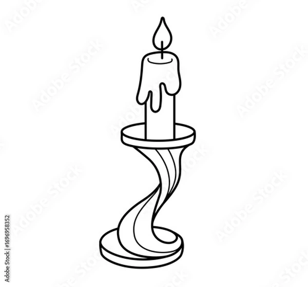 Fototapeta Burning melting candle on curved quirky candlestick. Cartoon decorative element. Simple icon. Outline contour vector isolated illustration.