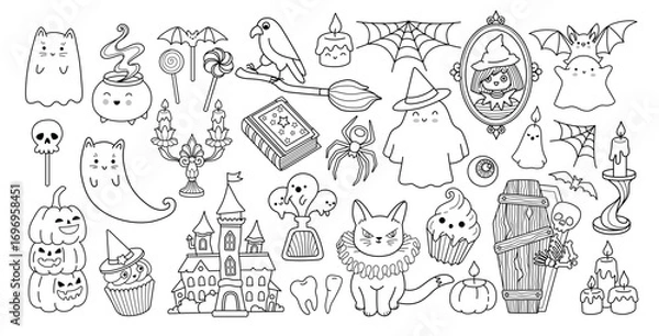 Fototapeta Set of halloween outline comic elements for coloring book. Pumpkins, spider web, coffin, ghost, bat, candle and haunted castle. Collection of spooky scary creepy vector isolated illustrations.