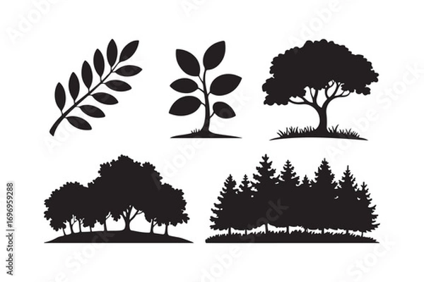 Obraz Collection of black silhouette illustrations of trees and plants