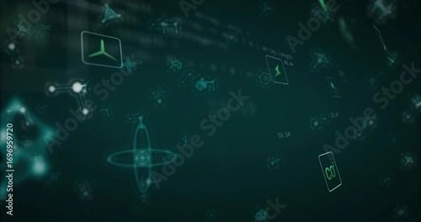 Obraz Icons floating in digital interface, showing wind turbine battery CO² and numeric data floats