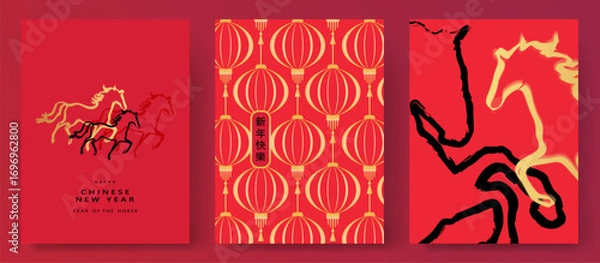 Obraz Chinese New Year 2026 vector illustration of Year of Horse cover, poster and sale banner. Chinese zodiac Horse symbol. Festive gold template for Spring Festival greeting card. Happy Chinese New Year.