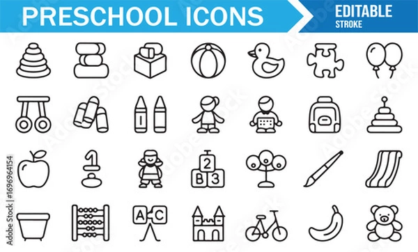 Fototapeta Preschool toy and education outline icons with crayons, ball, swing, abacus, and fruit for kindergarten learning vector set