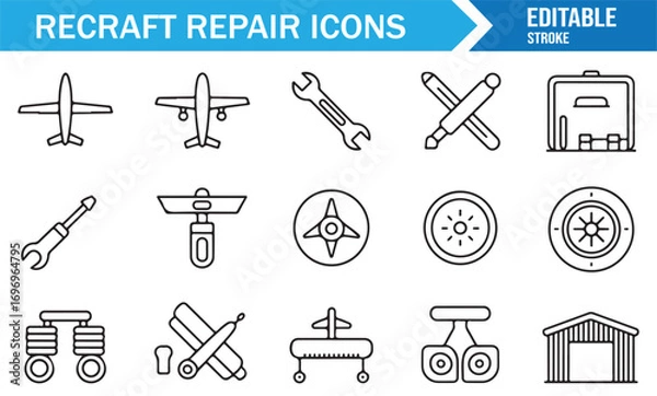 Fototapeta Industrial aviation repair icons with airplane, propeller, gear, engine, and aeronautic service tools for aircraft workshop