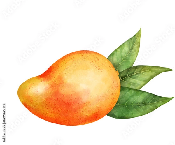 Fototapeta Hand-drawn illustration of a ripe mango with several fresh green leaves