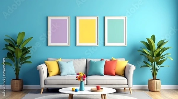Fototapeta Bright and inviting living room with a comfortable sofa adorned with colorful pillows and three framed abstract art pieces on a vibrant blue wall