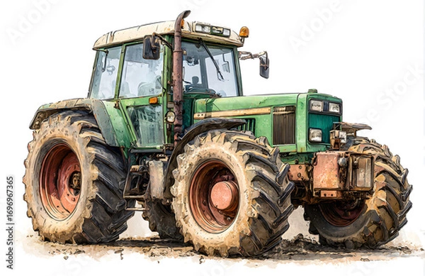 Fototapeta A powerful green agricultural tractor with large muddy tires stands ready for work in a field