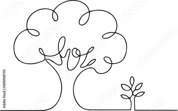 Fototapeta Continuous line art tree and sapling symbolizing growth and nature's harmony