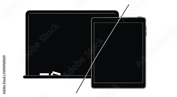 Fototapeta Digital tablet beside a chalkboard with chalk, representing modern education transition.