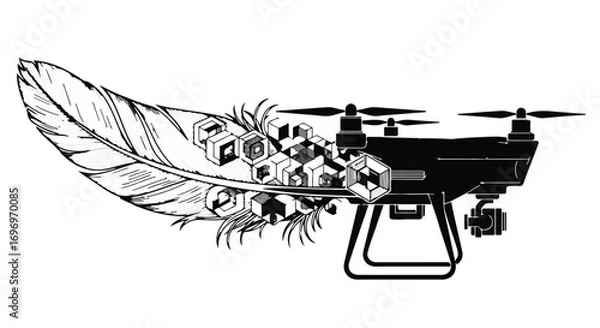 Fototapeta Futuristic drone merges with delicate feather, symbolizing technology and nature's blend