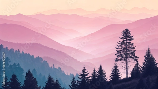 Fototapeta Pink Mountain Layers with Pine Trees Serene Landscape Vista View