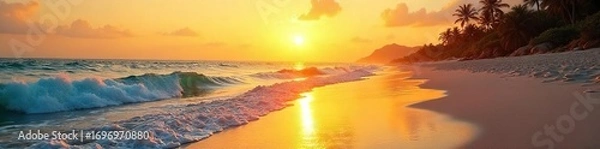 Fototapeta Golden hour sunlight bathes a tranquil sunrise beach, illuminating the calm ocean waves and wet sand Perfect for travel, vacation, or nature themes , scenic, light