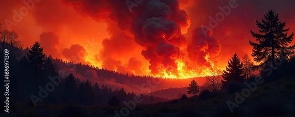 Fototapeta Fierce wildfire raging through a dry forest, consuming trees and underbrush, creating a massive plume of smoke in the sky  The intense flames illuminate the night sky ,  ash,  danger,  conflagration
