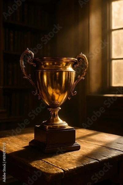 Fototapeta Golden trophy stands in the light of a window
